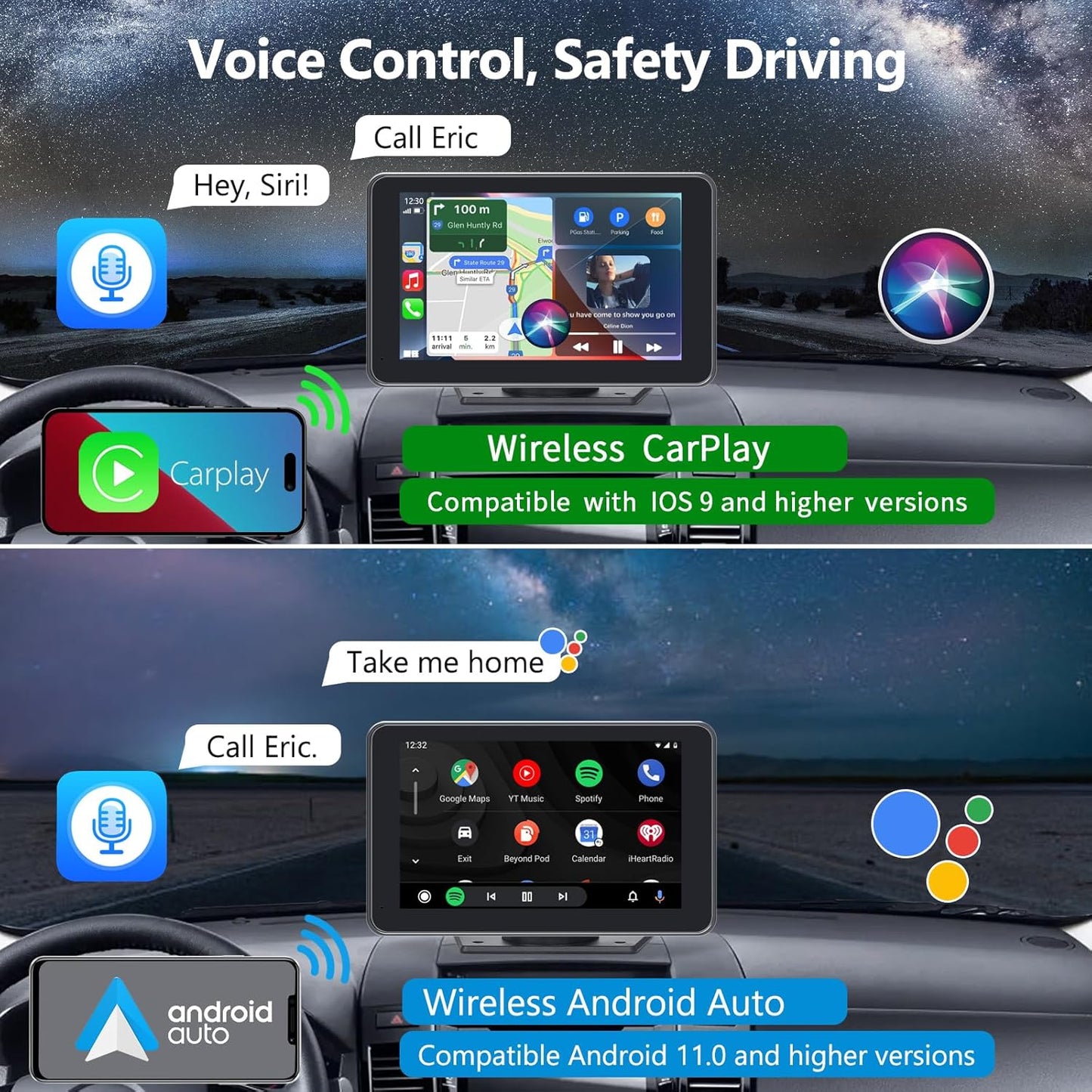 Wireless Car Stereo with Apple CarPlay/Android Auto, Portable Touch Screen Car Radio Multimedia Player with Bluetooth, Backup Camera, Navigation, Mirror Link for All Vehicles