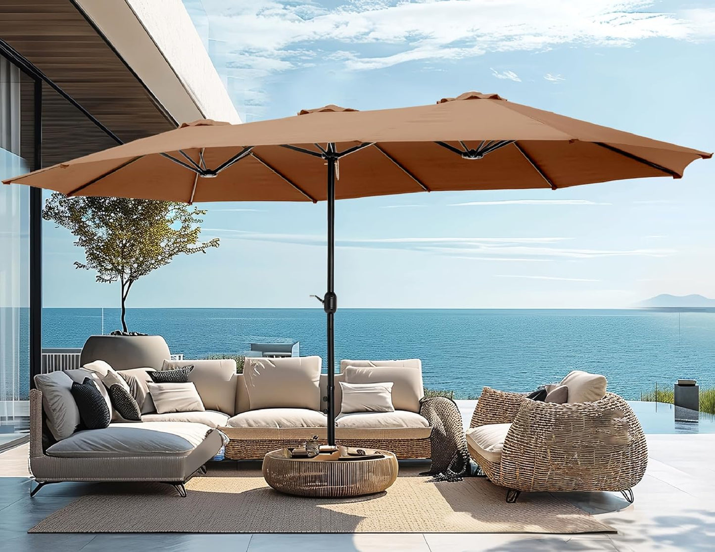 PHI VILLA 15ft Large Patio Umbrellas with Base, Outdoor Double-Sided Rectangle Market Umbrella for Pool Lawn Garden, Maillard Brown