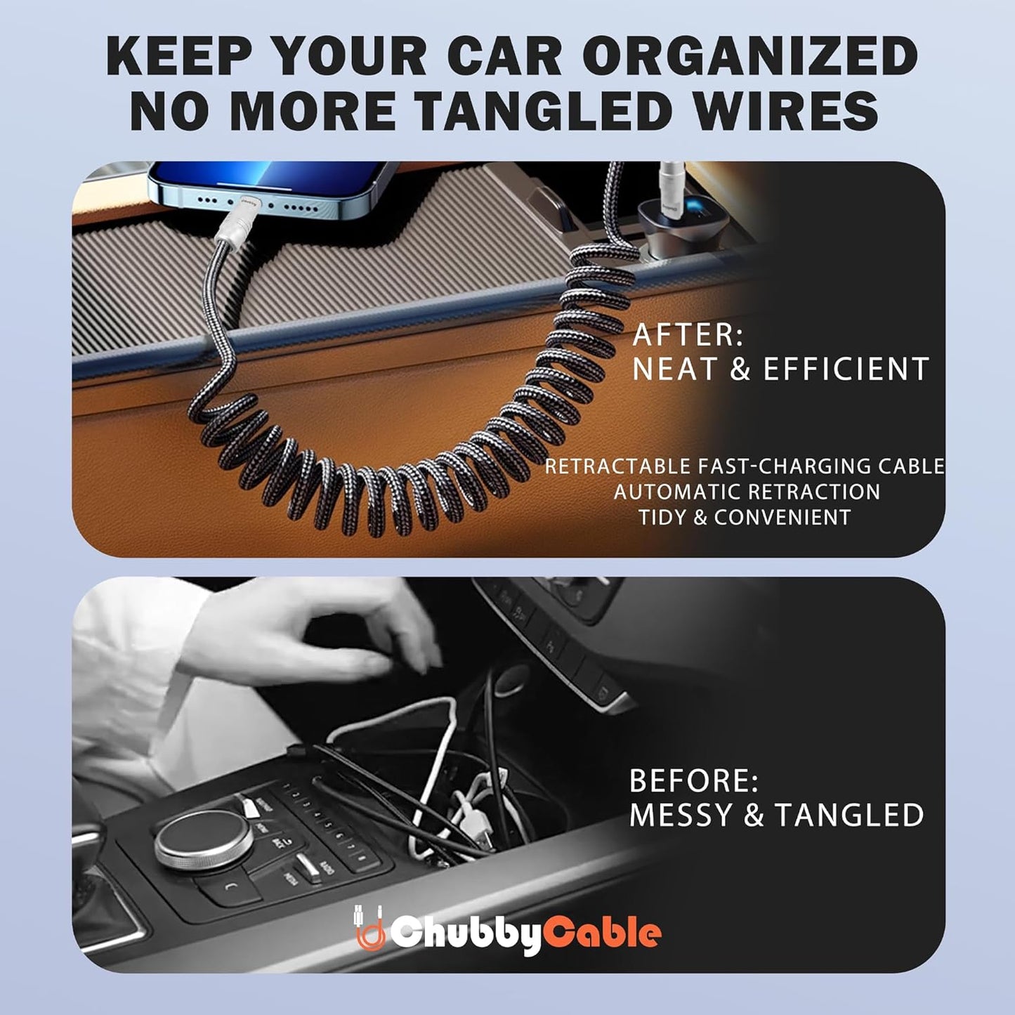 chubbycable Curly Chubby - Retractable Fast Charging Cable 240W Coiled Charger Cord for Car Durable USB-C Cable for Phones, Tablets and More, Purple+Purple, USB-A to Type-C, 1.3FT-2.3FT