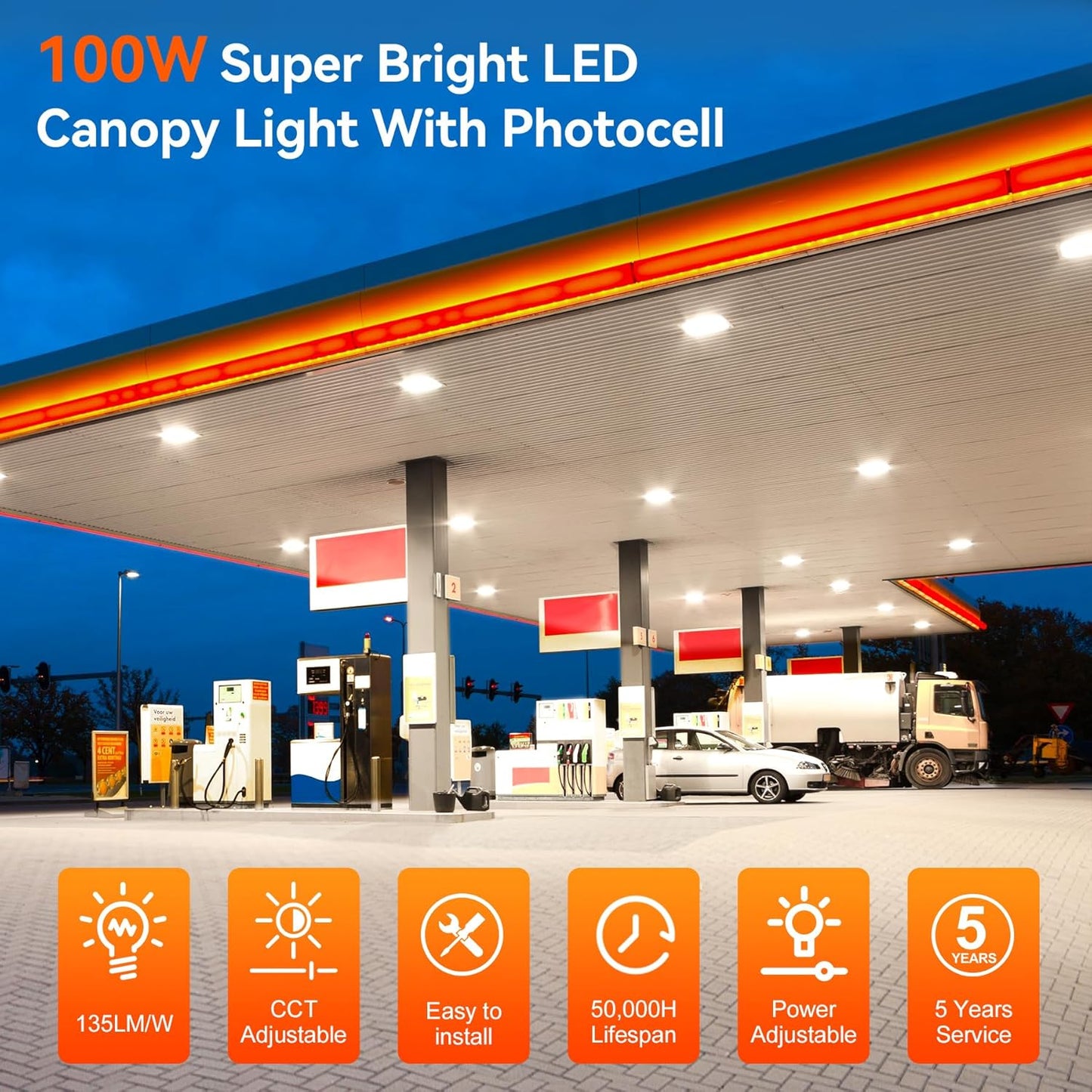 BBESTLED LED Canopy Light with Photocell, 60W 80W 100W Adjustable, ETL&DLC Listed 13500LM Carport Lights 5700K/5000K/4500K, AC100-277V IP65 Waterproof Canopy Light for Gas Station, Dusk to Dawn