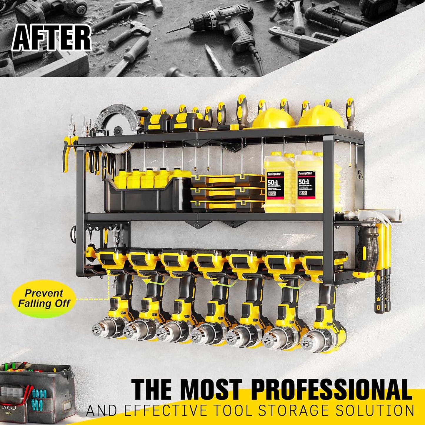 Power Tool Organizer Wall Mount - 300Lbs Load 3 Layers Storage Rack with 7 Drill Holders for Drills Cordless Tools. Heavy Duty Iron Garage Tool Organizer Storage for Workshop Shed Pegboard Basement