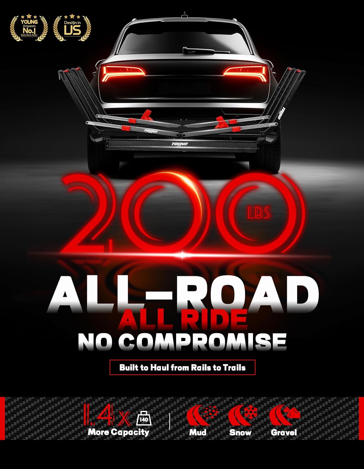 Young 200 lbs Ebike Racks with Ramp for Tow Hitch with 2 Arms, Tire Clamp 2 Bike Rack Hitch for Car SUV RV Truck Trailer, Scratch Free, Fit up to 5 Inch Fat Tire, 2" Receiver