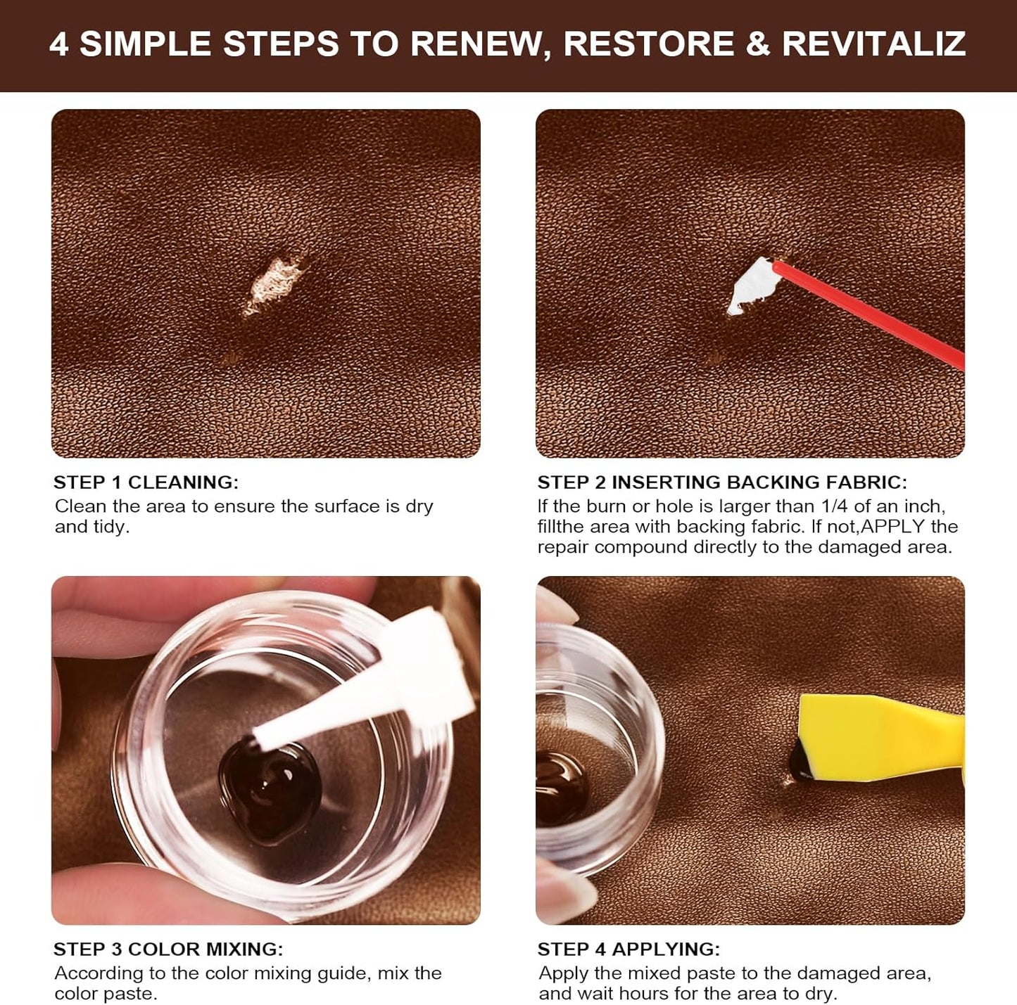 STARTSO WORLD Brown Leather & Vinyl Repair Kit for Furniture, Couches, Car Seats, Sofas, Boat Seats, Jackets with Easy Instructions, Repair Scratches, Tears, and Holes in Pleather, Genuine Leather