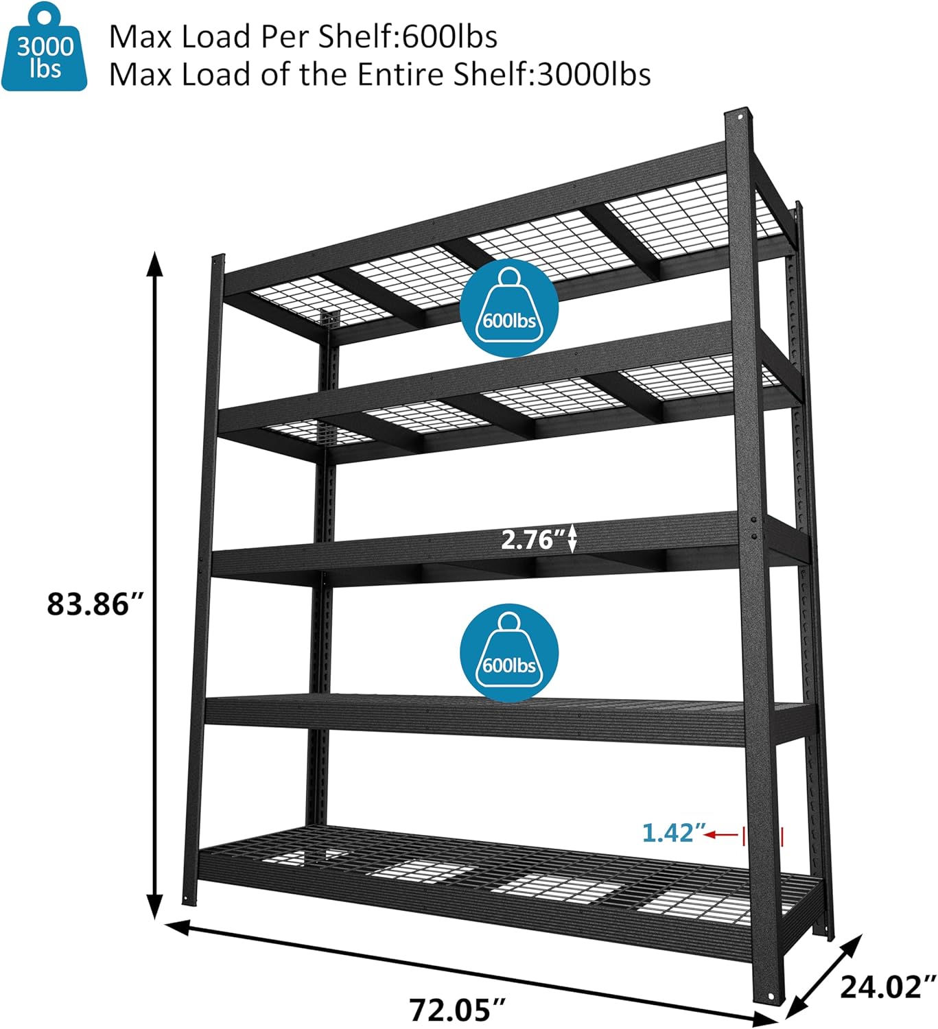 MUPATER 72.05” W × 24.02” D × 83.86” H, Heavy Duty Metal Storage Shelves, 3000 LBS Capacity, 5-Tier Adjustable Garage Shelving, Storage Shelf Rack for Kitchen, Basement, Warehouse