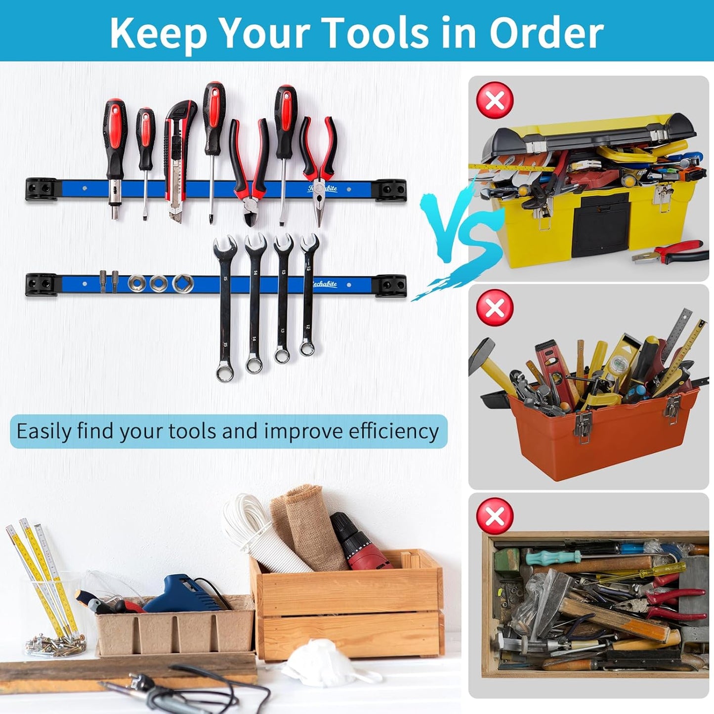 4 Pieces 18" Magnetic Tool Holder Strip, Blue Magnet Bar, Metal Tool Organizer Rack for Garage Organization, Easy To Install in Workshop, Mounting Screws Included