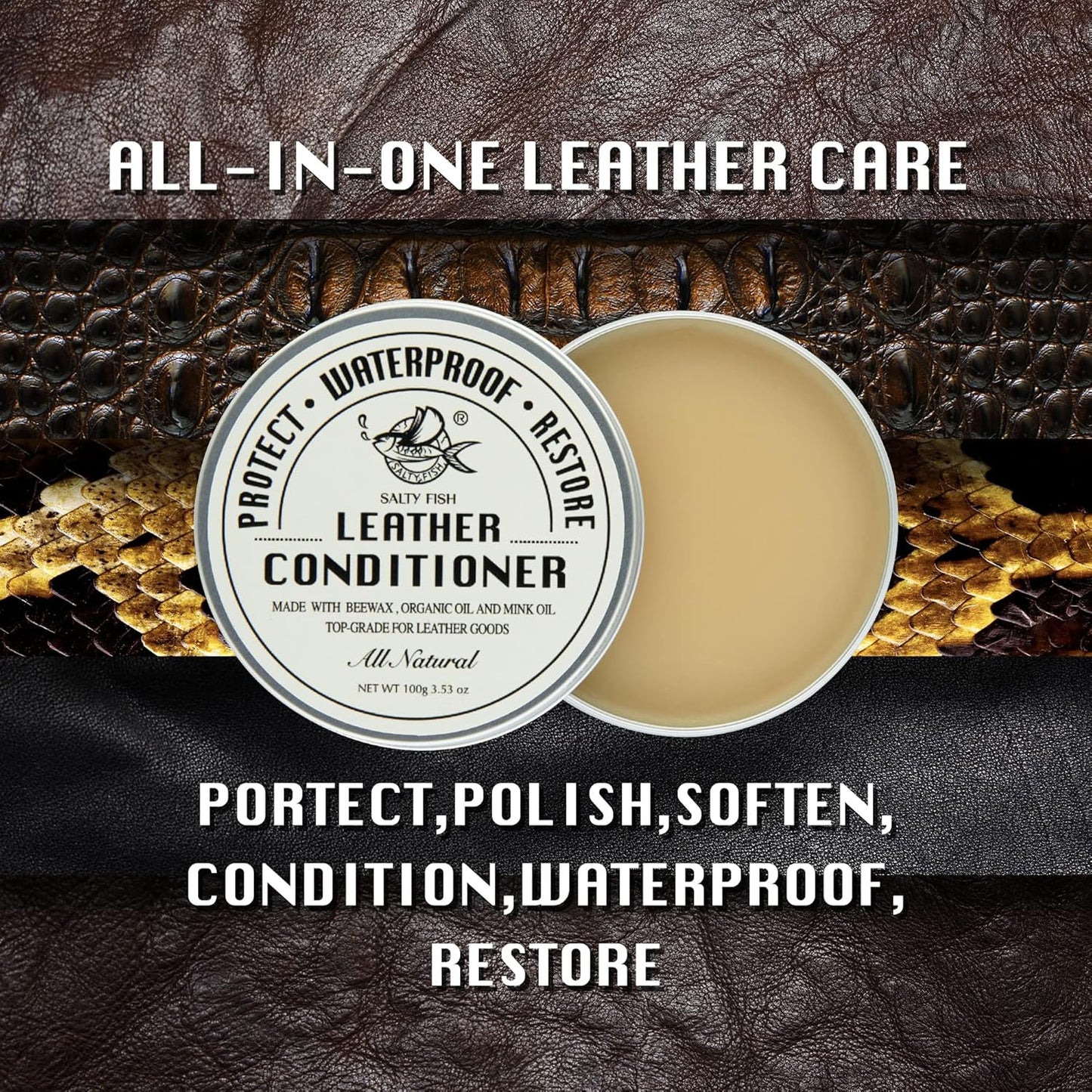 SALTY FISH All-Natural Leather Conditioner and Cleaner,Made with Mink Oil Beeswax,Protect Soften Waterproof Leather Furniture,Car Seats,Shoes,Boots,Bags (7.5 Oz)