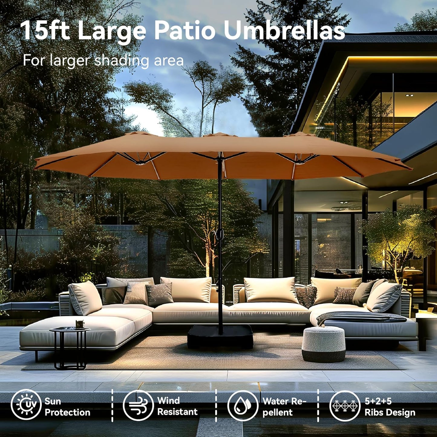 PHI VILLA 15ft Large Patio Umbrellas with Base, Outdoor Double-Sided Rectangle Market Umbrella for Pool Lawn Garden, Maillard Brown