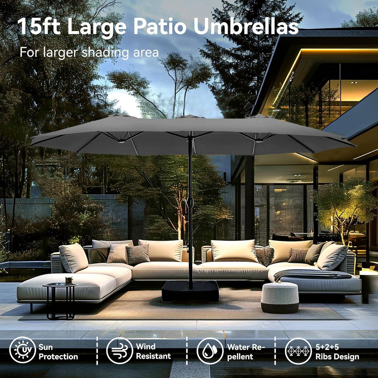 PHI VILLA 15ft Large Patio Umbrellas with Base, Outdoor Double-Sided Rectangle Market Umbrella for Pool Lawn Garden, Light Gray