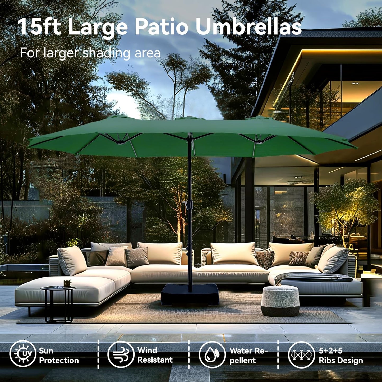 PHI VILLA 15ft Large Patio Umbrellas with Base, Outdoor Double-Sided Rectangle Market Umbrella for Pool Lawn Garden, Mint Green